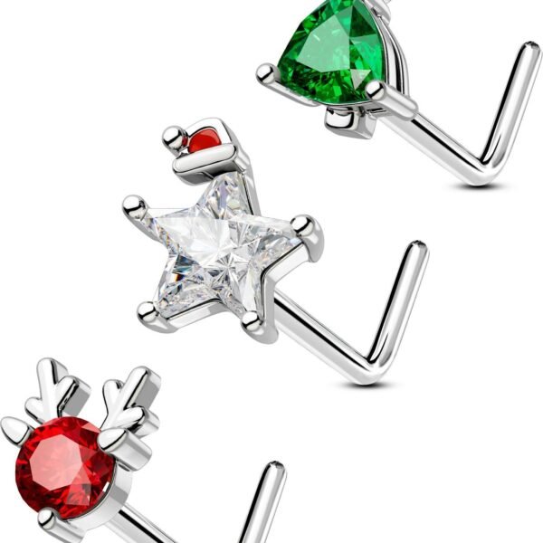 3Pcs Nose Studs, Shining Christmas 20G Nose Rings L Shaped Cute Deer Star Tree Silver Stainless Steel Nose Rings Studs Nose Piercing Jewelry for Women Men-7MM-1