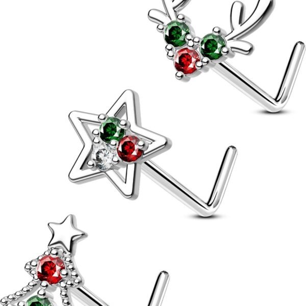 3Pcs Nose Studs, Shining Christmas 20G Nose Rings L Shaped Cute Deer Star Tree Silver Stainless Steel Nose Rings Studs Nose Piercing Jewelry for Women Men-7MM-2