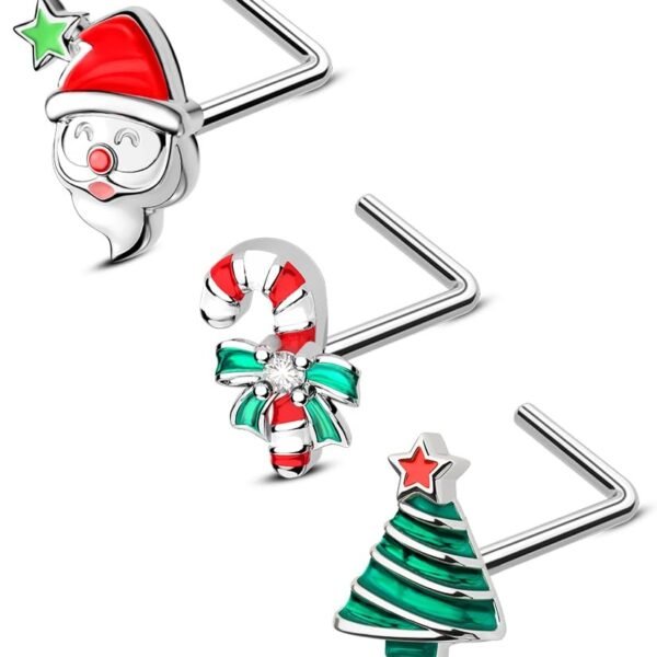 3Pcs Nose Studs, Shining Christmas 20G Nose Rings L Shaped Cute Deer Star Tree Silver Stainless Steel Nose Rings Studs Nose Piercing Jewelry for Women Men-7MM-3