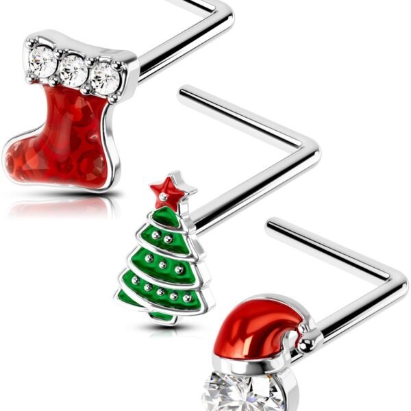 3Pcs Nose Studs, Shining Christmas 20G Nose Rings L Shaped Cute Deer Star Tree Silver Stainless Steel Nose Rings Studs Nose Piercing Jewelry for Women Men-7MM-6