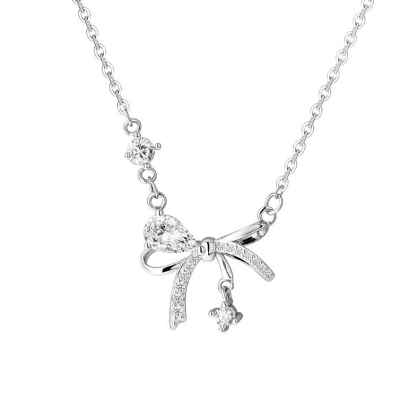 Sterling Silver Bow Necklace for Women, 925 Silver CZ Ribbon Pendant Necklace