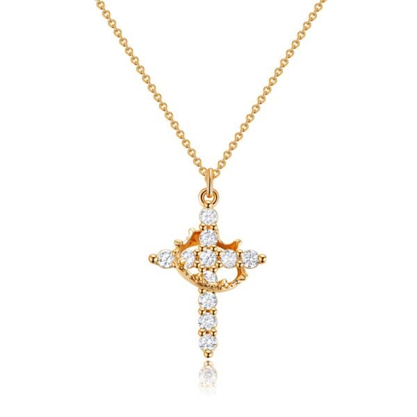 Upgraded Crown Cross Necklace for Women, 14K Gold Plated Crown Cross Pendant Necklace (2)